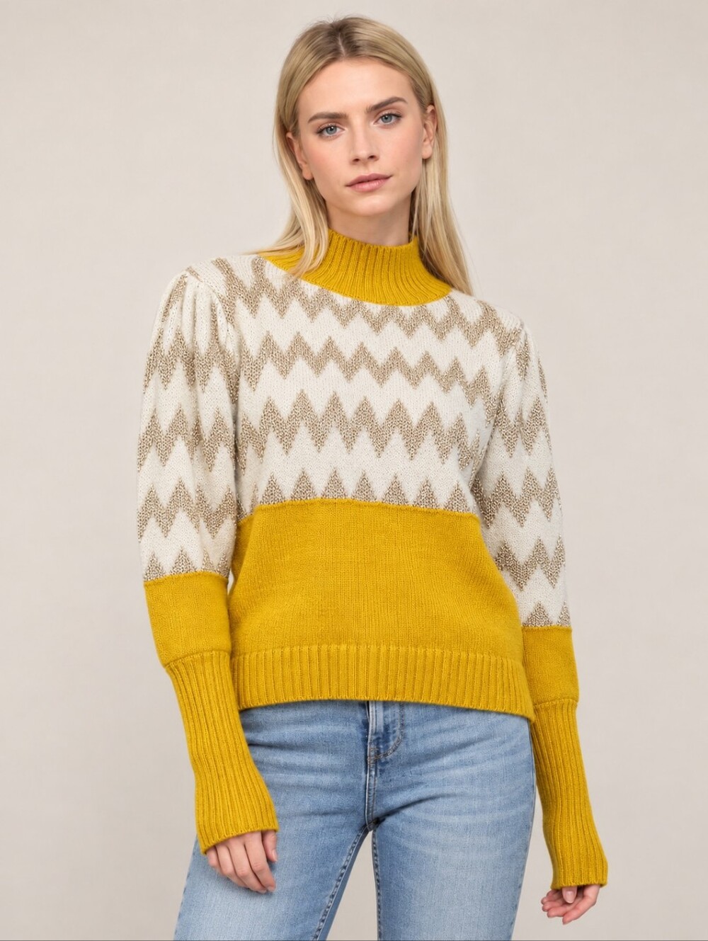 FATE Metallic Gold Chevron Mustard Mock Neck Sweater M NWT